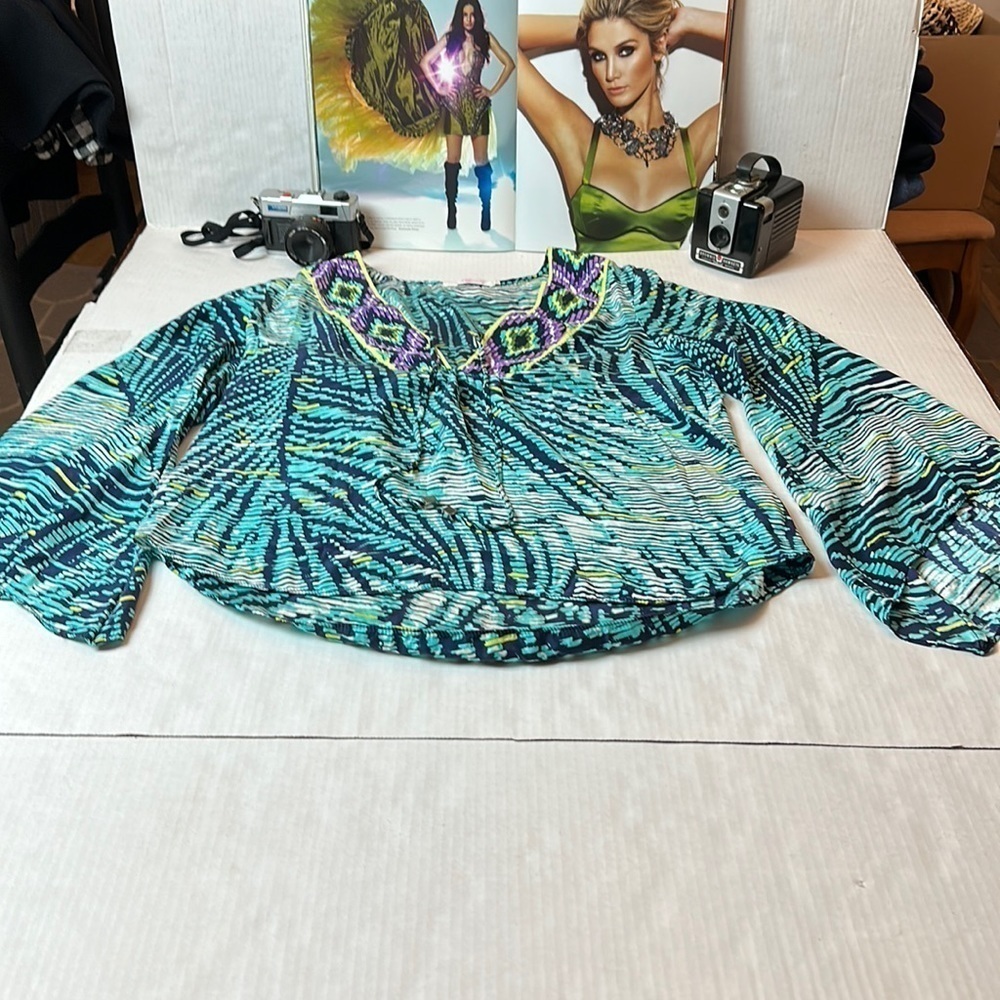 Alice Trixie Boho silk Abstract Print Blouse | Y2K Resort Festival Top Size M